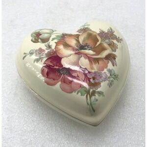 Vintage Athena California Pottery Heart Shape Flowers Lidded Trinket Jewelry Box